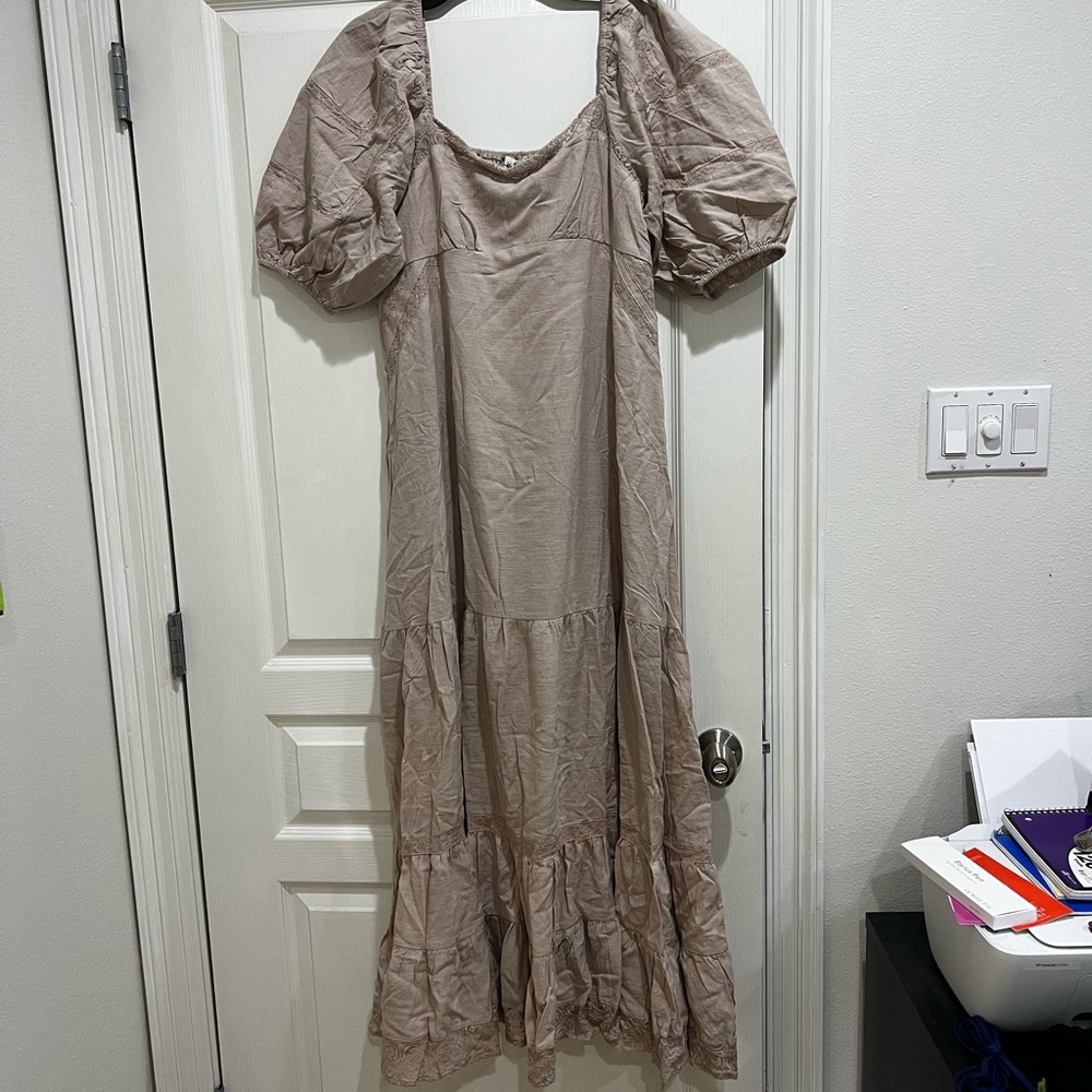 Three Bird Nest Tan Puff Sleeve Maxi Dress